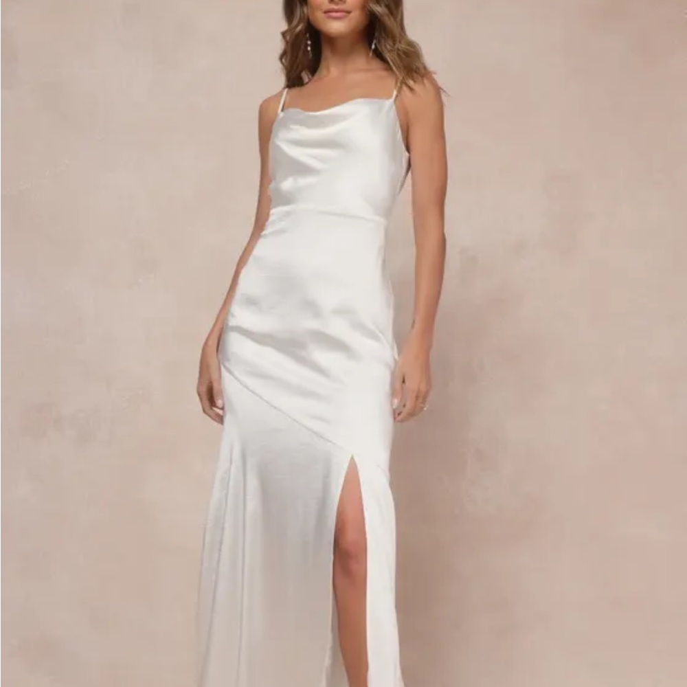Lulus Wedding dress size XL Allure ivory satin Backless Cowl Neck.